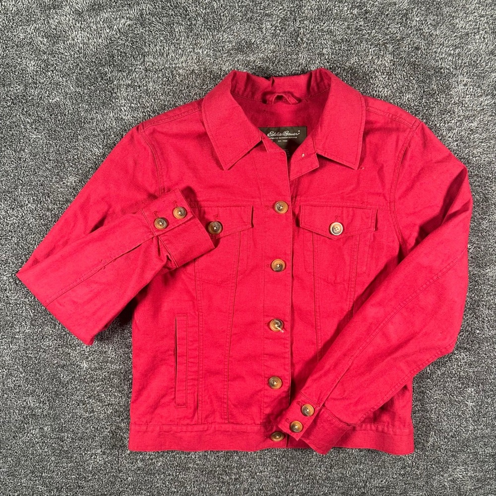 Eddie Bauer Linen Jacket Womens S Pink Button Down Trucker Utility Lightweight